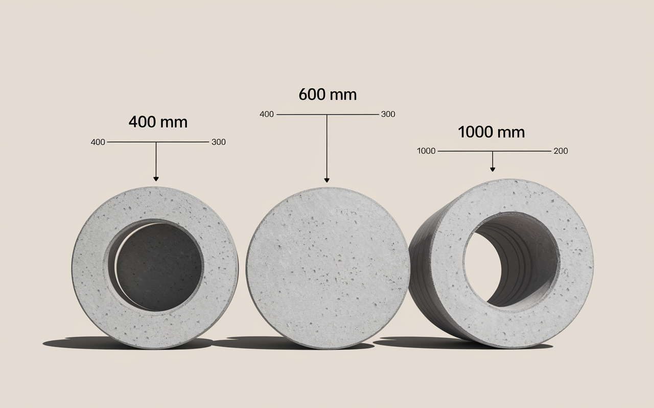 Trois buses beton 400 600 1000 mm sur stock chantier