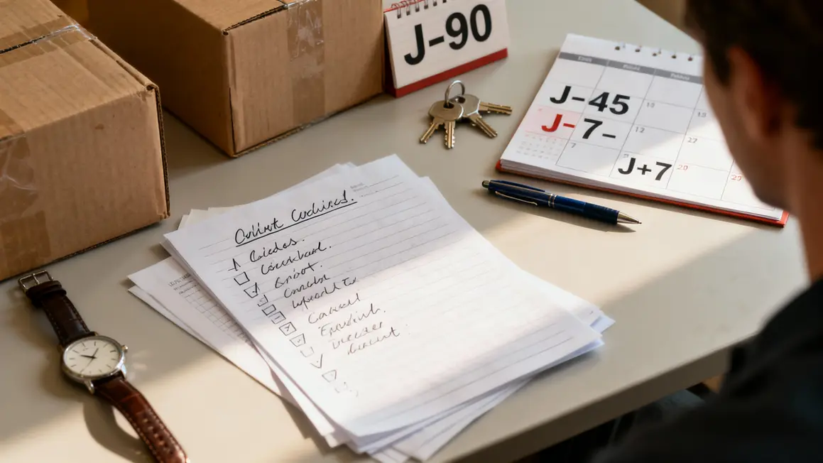 Checklist manuscrite calendrier déménagement jours clés cartons