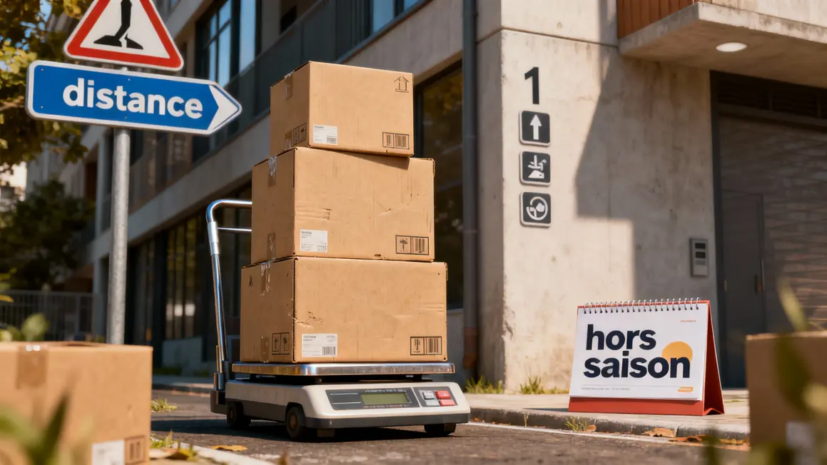 Cartons, panneau distance et étage, calendrier hors saison