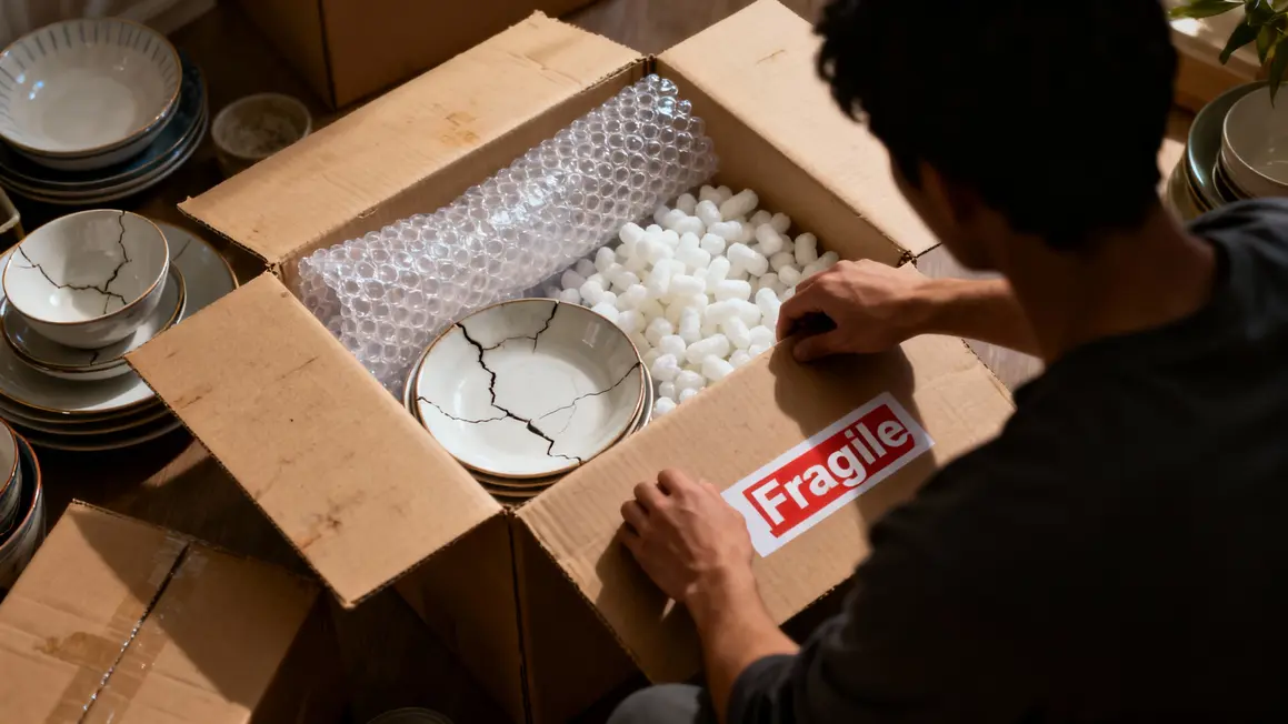 Carton ouvert protection objets fragiles vaisselle abîmée
