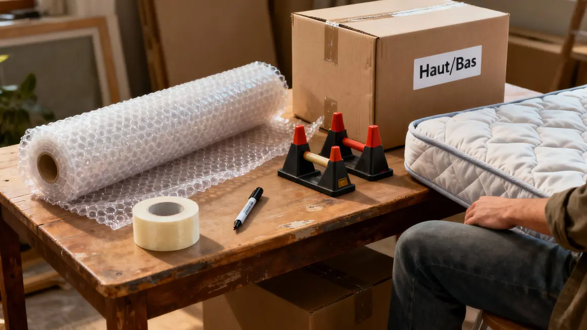 Matériel emballage déménagement objets fragiles sur table