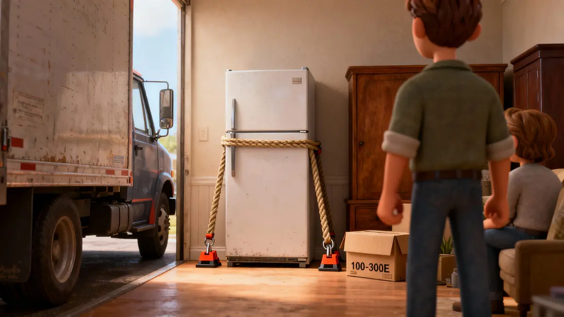 Frigo attache debout camion entre meubles