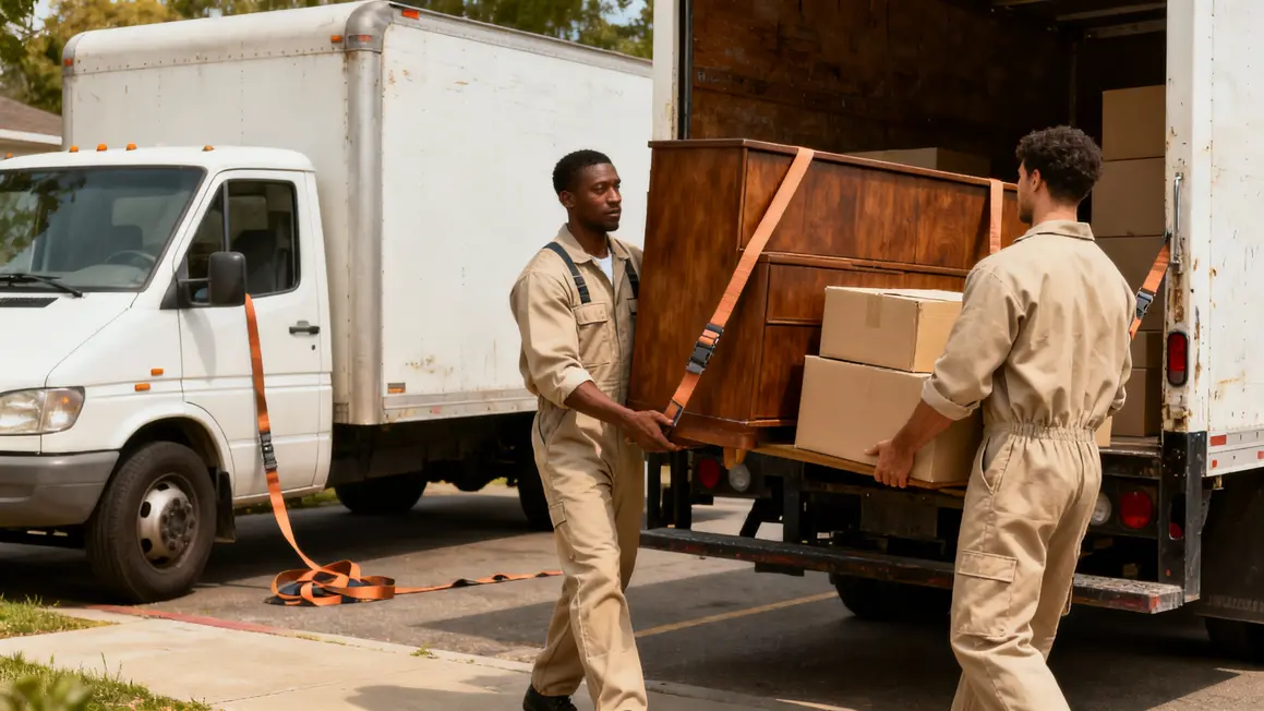 Demenageurs transportent meuble et cartons demenagement