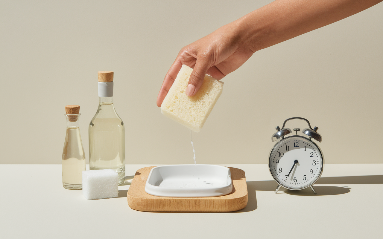 evier en resine comment le nettoyer avec eponge et bicarbonate
