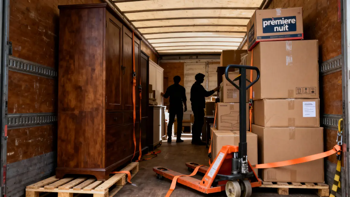 Intérieur camion meubles volumineux cartons répartis chariot