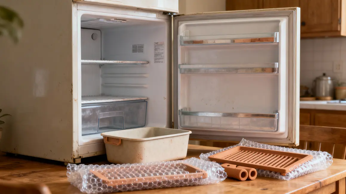 Frigo ouvert degivre et accessoires emballes