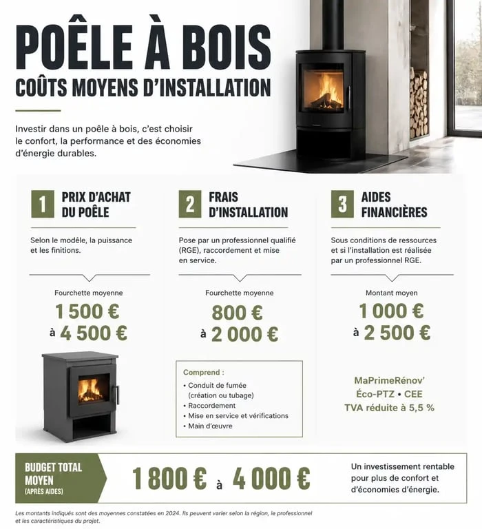 Infographie des coûts et aides financières pour l'installation d'un poêle à bois