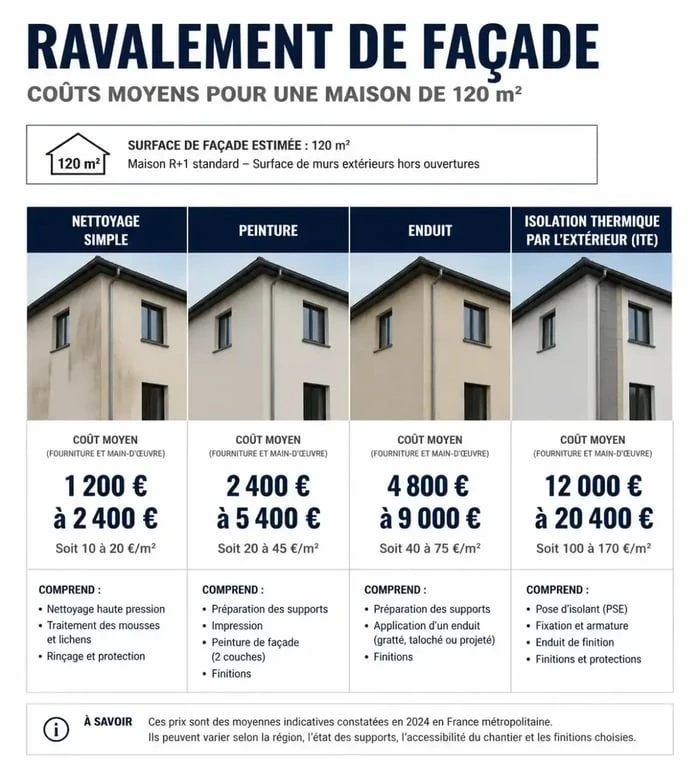 Infographie des prix de ravalement de façade pour une maison de 120m2 selon la technique utilisée