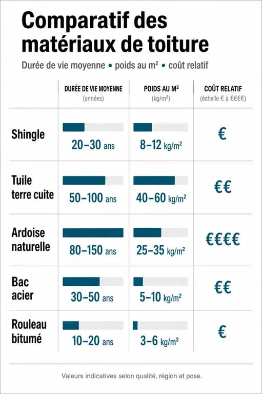 Comparatif de la durée de vie et des caractéristiques des matériaux de toiture, incluant la toiture en shingle.