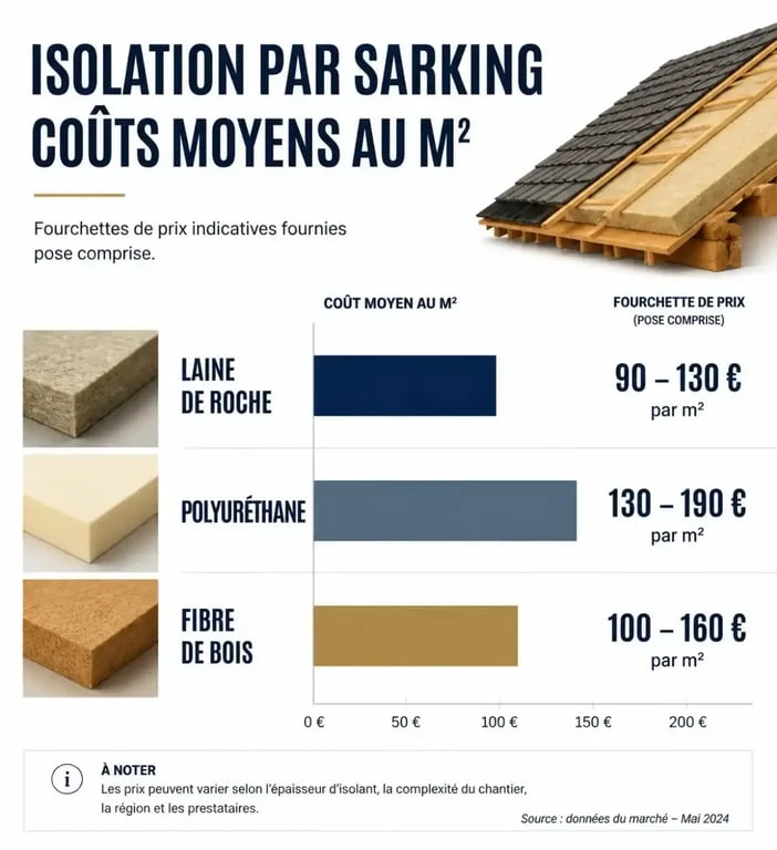 Comparatif des prix au m2 pour une isolation de toiture par sarking selon le matériau isolant