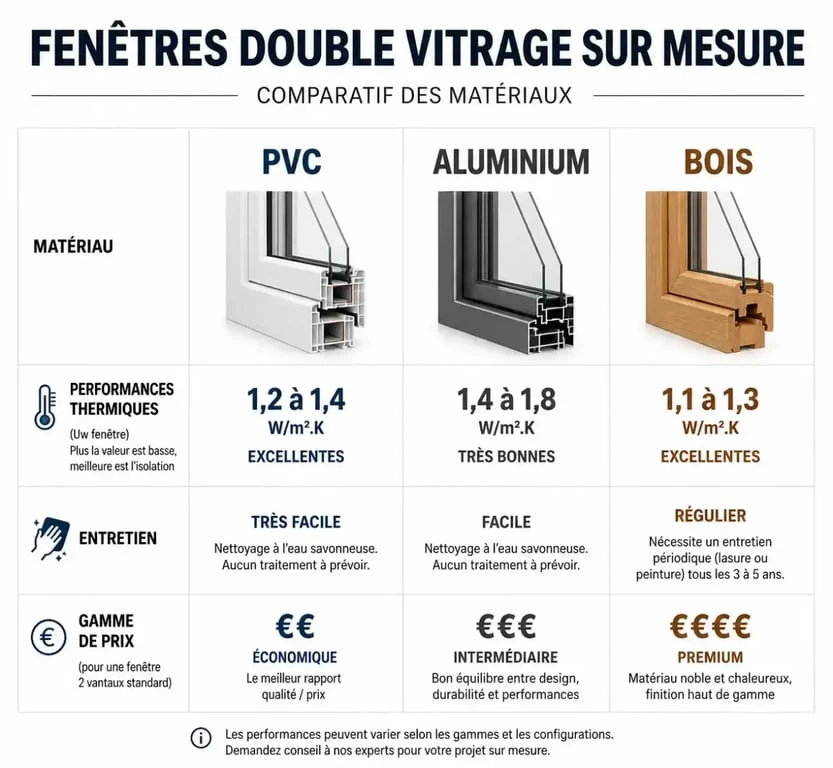 Comparatif des matériaux pour fenêtre double vitrage sur mesure : PVC, Aluminium et Bois