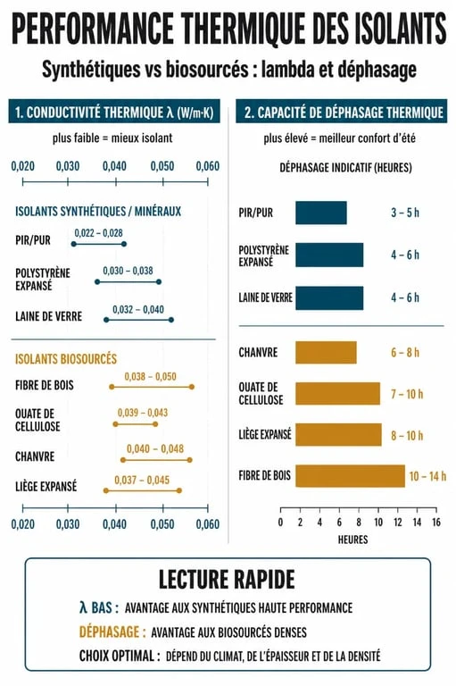 Infographie comparative des isolants thermiques : performance thermique et déphasage des matériaux