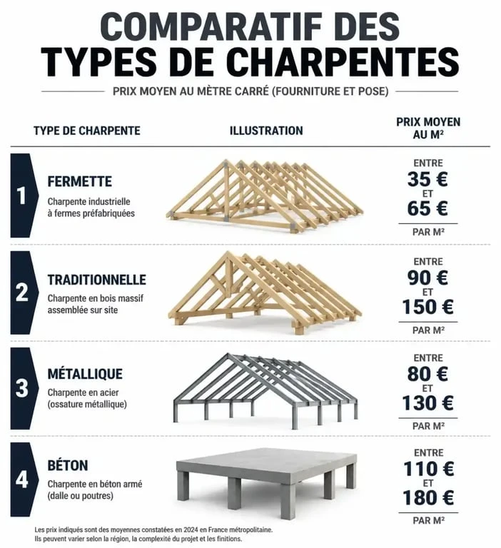 Comparatif des prix au m² par type de charpente : fermette, traditionnelle, métallique et béton pour estimer le prix charpente.