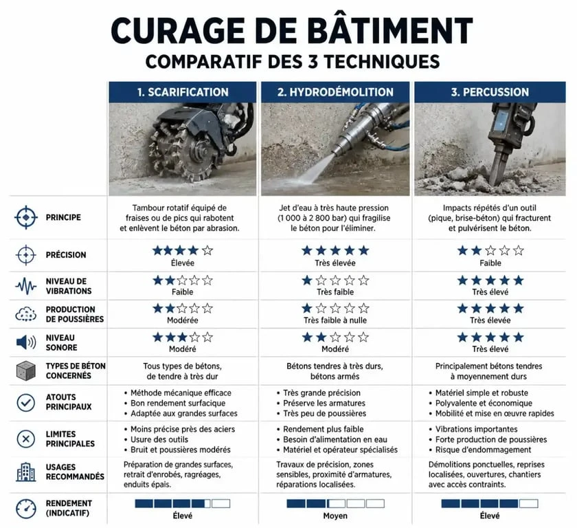 Comparatif des techniques de curage de bâtiment : scarification, hydrodémolition et percussion