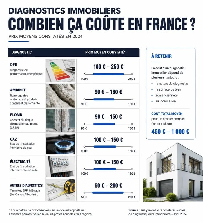 Infographie des prix moyens des diagnostics immobiliers obligatoires pour une vente ou une location