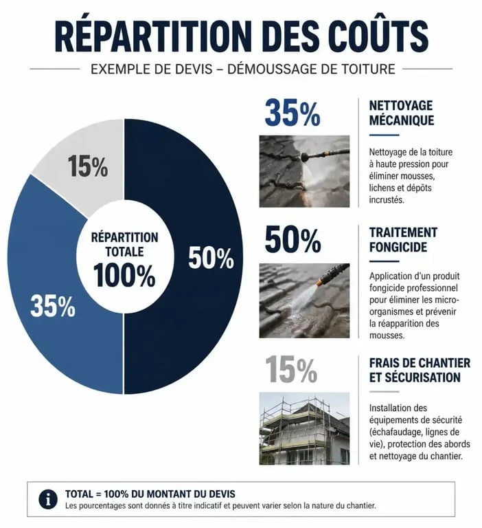 Répartition des coûts d'un exemple de devis de démoussage de toiture