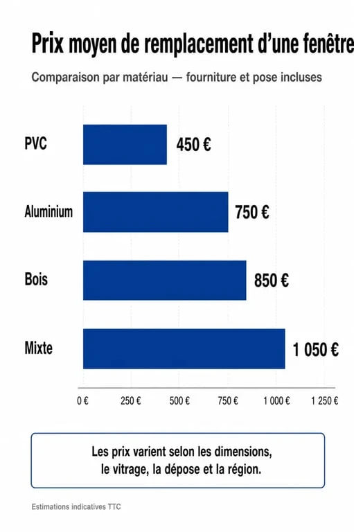 Comparatif des prix de remplacement de fenêtres par matériau : PVC, Aluminium, Bois et Mixte.