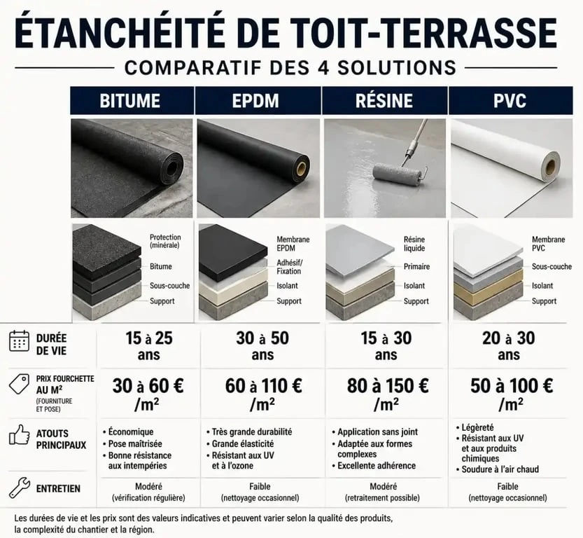 Comparatif des prix et durées de vie pour l'étanchéité de toit terrasse au m2