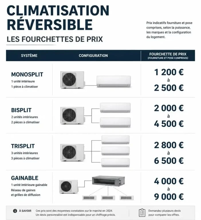 Tableau comparatif des prix d'une climatisation réversible selon le type d'installation