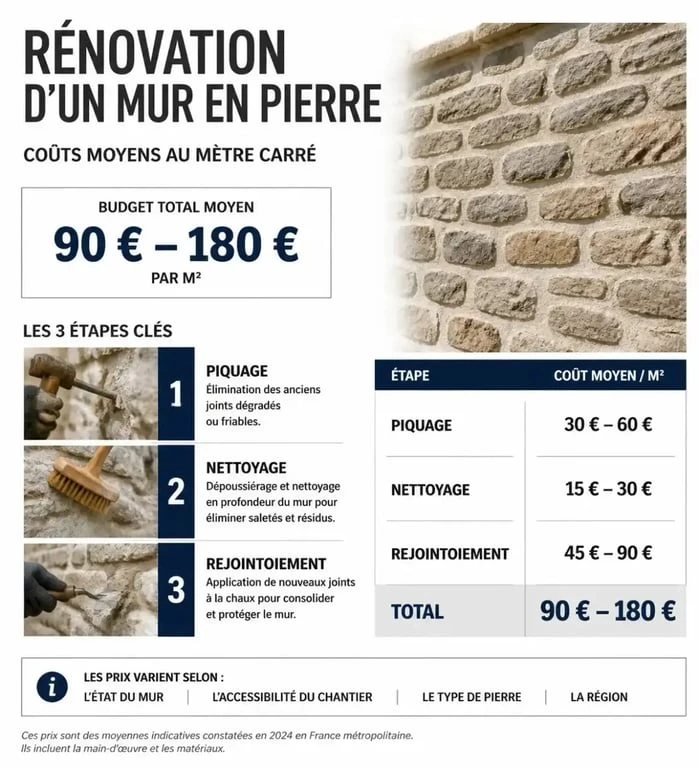 Infographie des prix moyens au m2 pour le piquage et la rénovation d'un mur en pierre