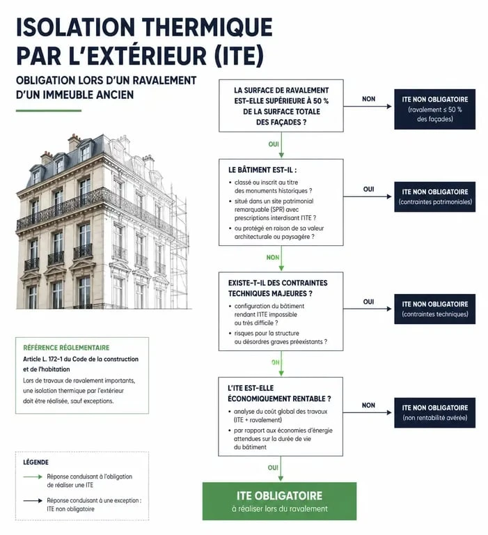 Infographie expliquant l'obligation d'isolation thermique par l'extérieur lors du ravalement d'un immeuble ancien.