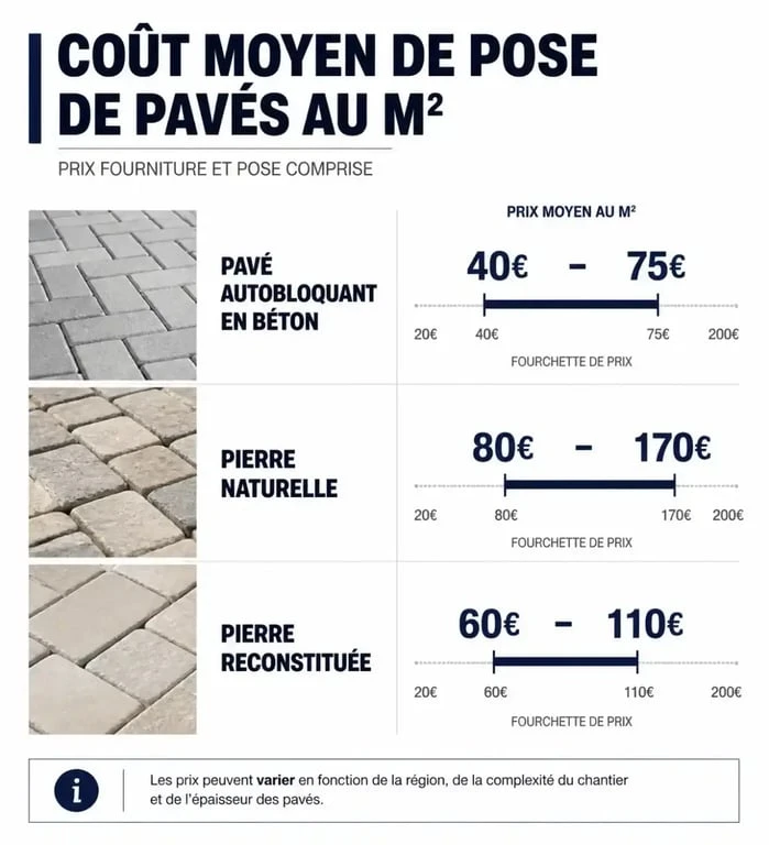 Infographie comparative des prix au m2 pour la pose de pavés : béton, pierre naturelle et pierre reconstituée.