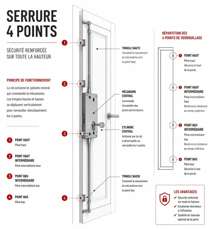 Schéma explicatif du fonctionnement d'une serrure 4 points pour porte d'entrée
