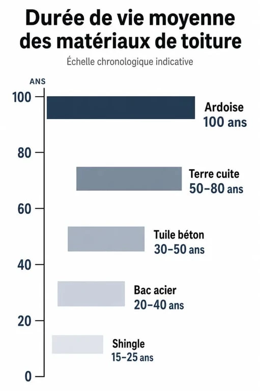 Infographie comparant la durée de vie moyenne des différents matériaux de toiture pour mieux anticiper la rénovation.