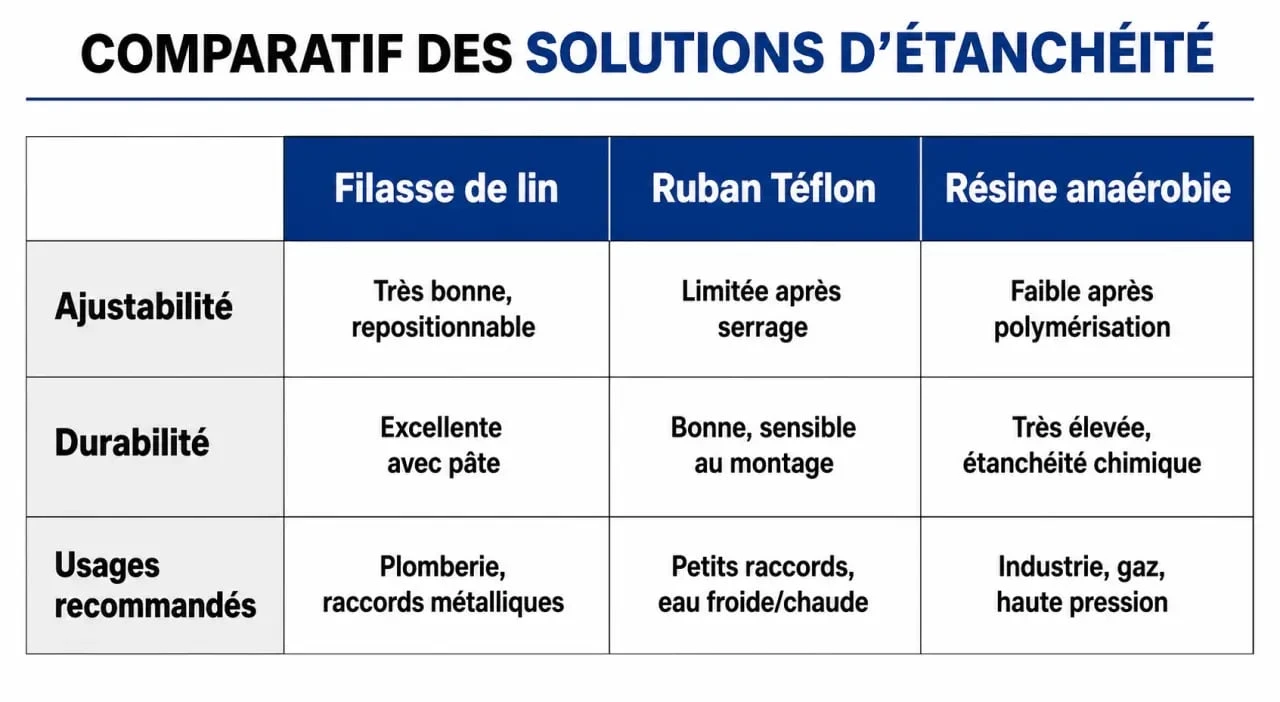 Tableau comparatif des solutions d'étanchéité en plomberie : filasse de lin, Téflon et résine