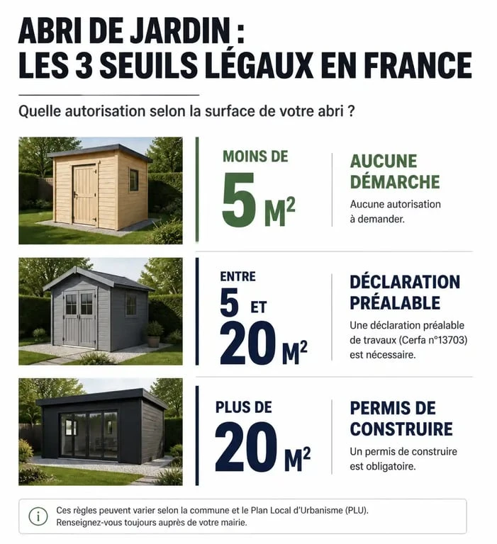 Infographie des seuils légaux pour la déclaration de travaux d'un abri de jardin
