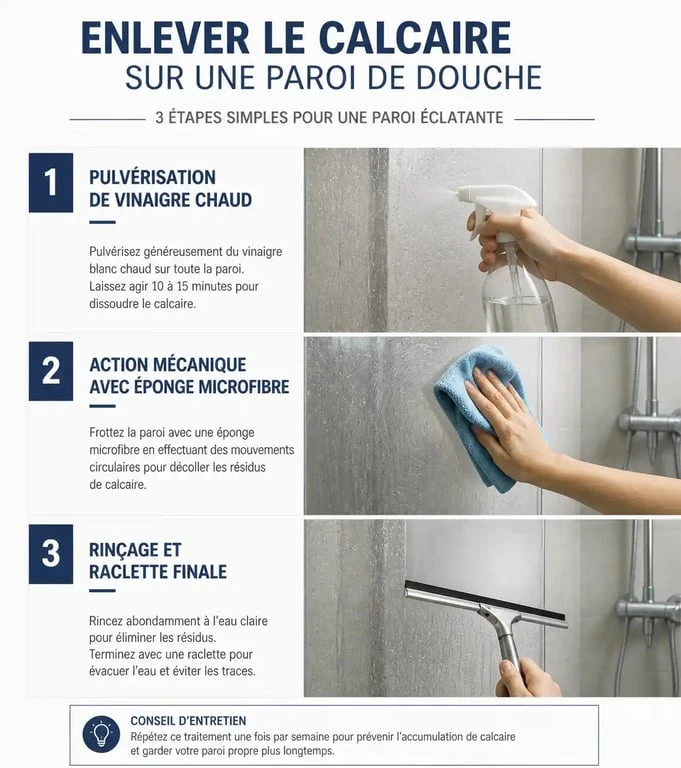 Infographie des étapes pour enlever le calcaire sur les parois de douche