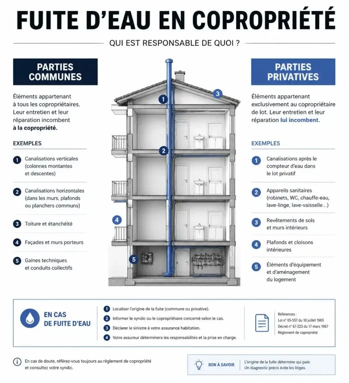 Schéma explicatif de la responsabilité en cas de fuite en dalle : parties communes vs parties privatives