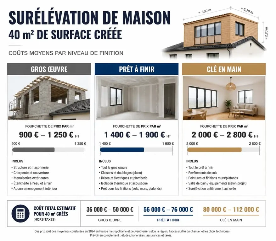 Infographie des prix d'une surélévation de maison de 40m2 par niveau de finition