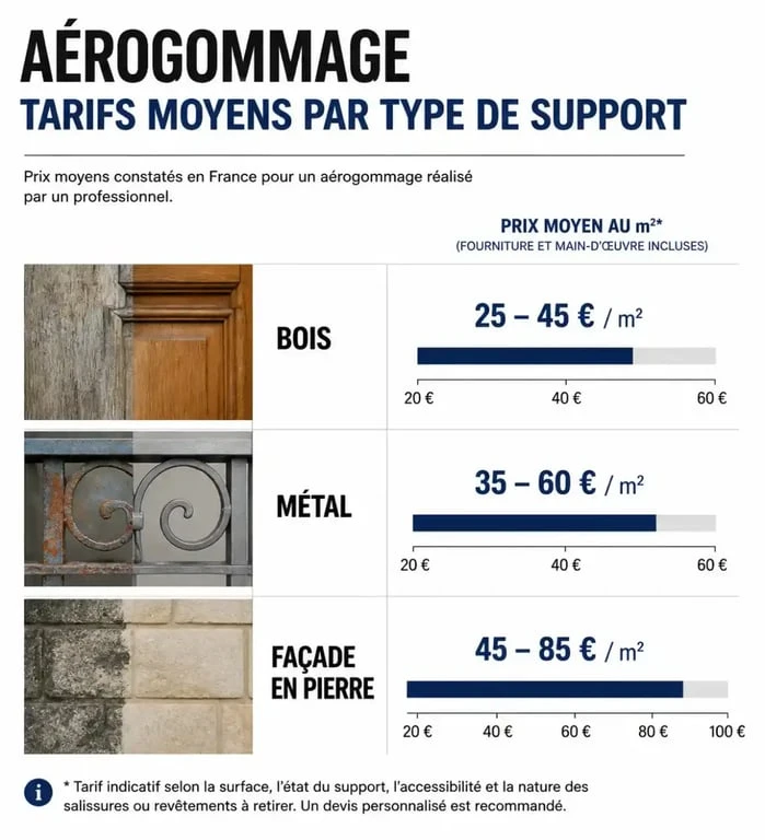 Tableau comparatif des prix de l'aérogommage au m2 selon le type de support
