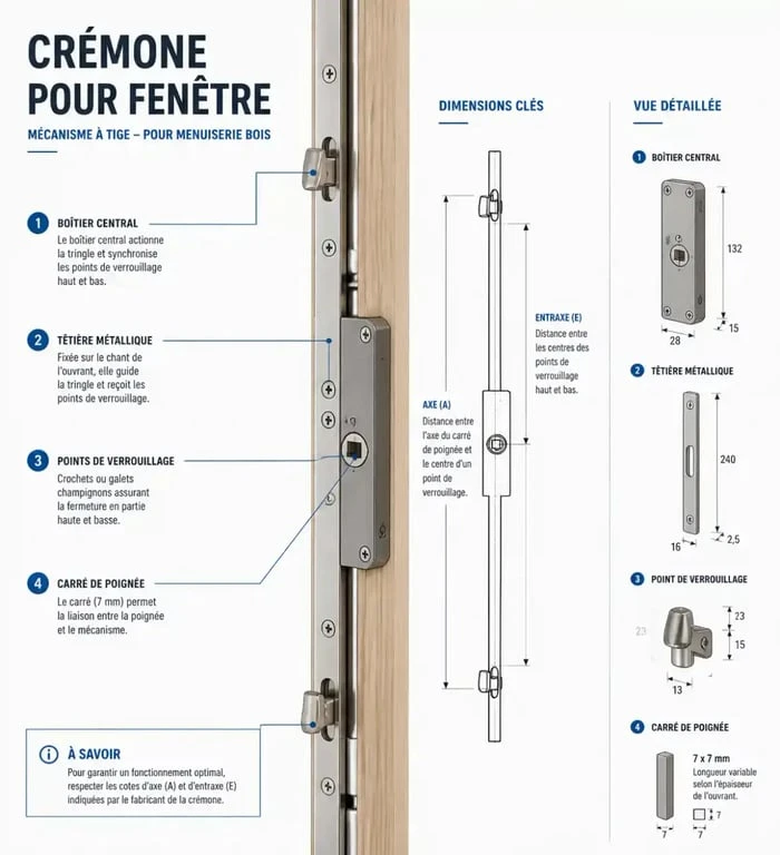 Schéma technique d'un mécanisme de crémone pour fenêtre en bois avec ses composants principaux pour le remplacement