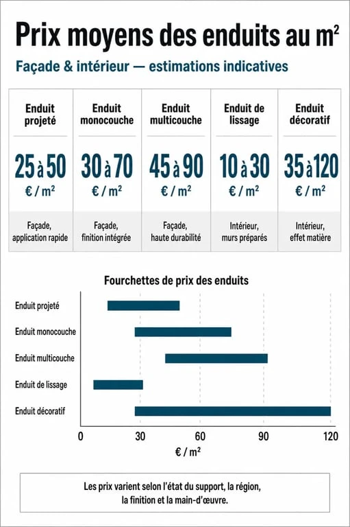 Tableau comparatif des prix moyens au m2 pour différents types d'enduits de façade et intérieur