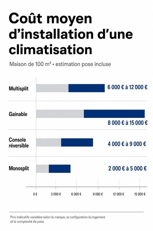 Infographie comparative des prix d'installation d'une climatisation pour maison de 100m2
