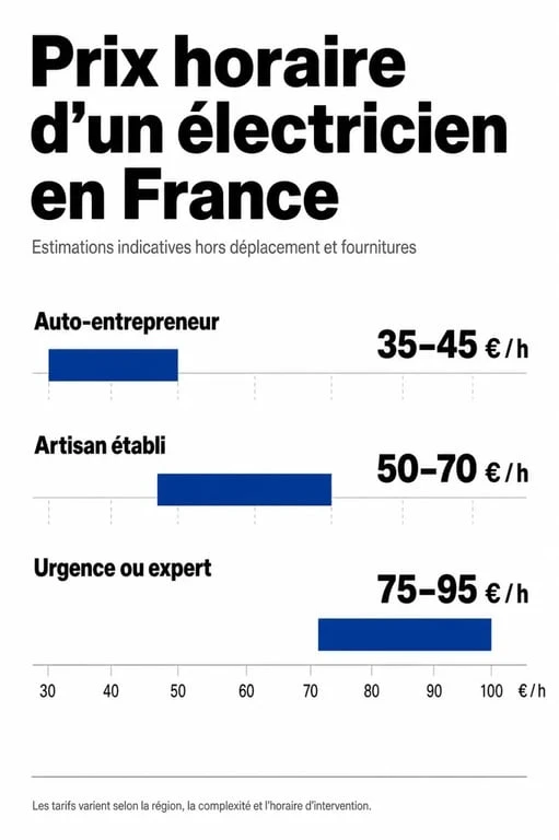 Infographie des tarifs horaires moyens d'un électricien en France selon le type de prestation et le profil de l'artisan