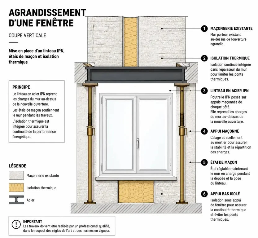 Schéma technique de la structure pour agrandir une fenêtre avec linteau et étaiement