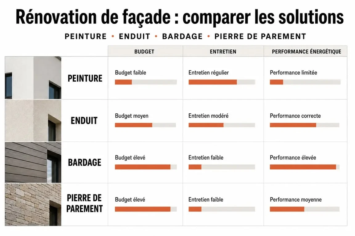 Infographie comparative des solutions pour rénover ou embellir sa façade de maison