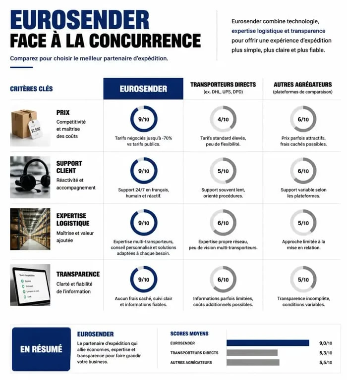 Infographie comparative des avis Eurosender et services d'expédition