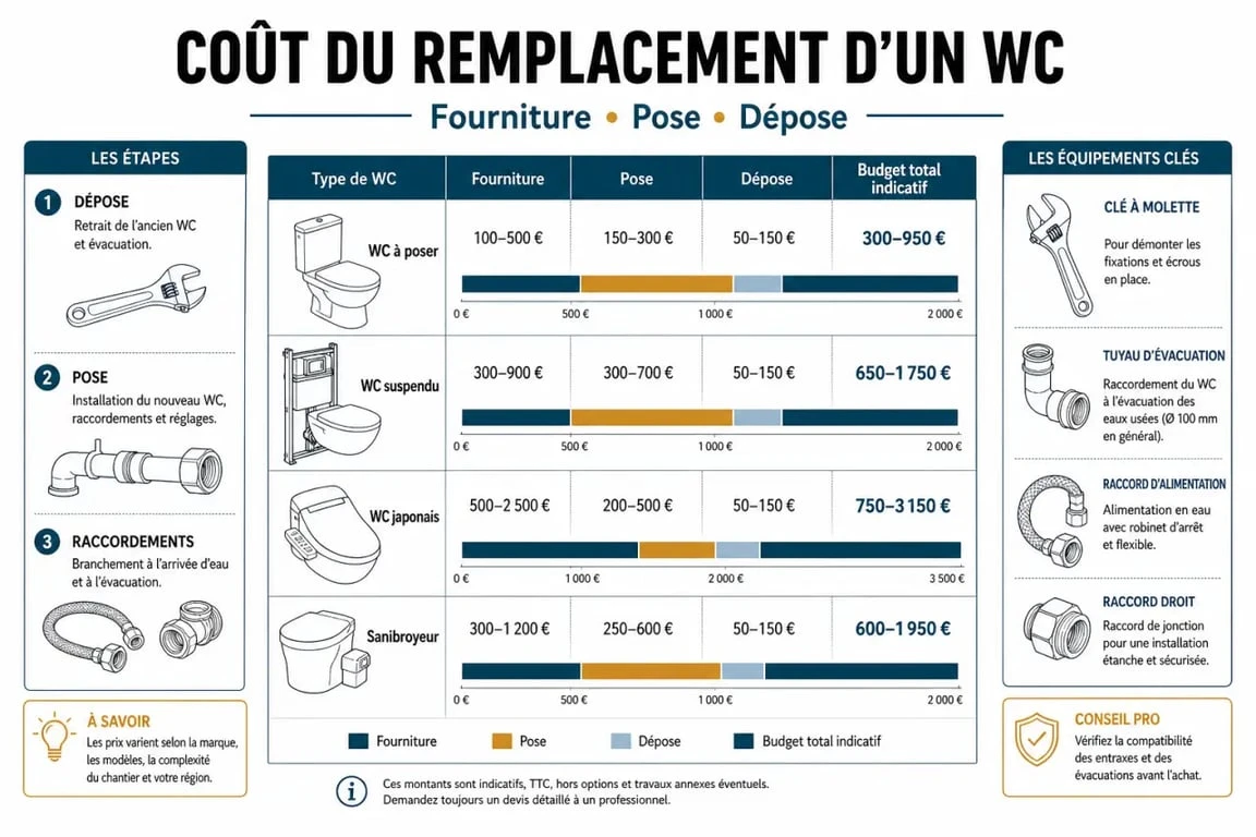Prix changement WC : comparaison visuelle des budgets pour WC à poser, WC suspendu, WC japonais et sanibroyeur