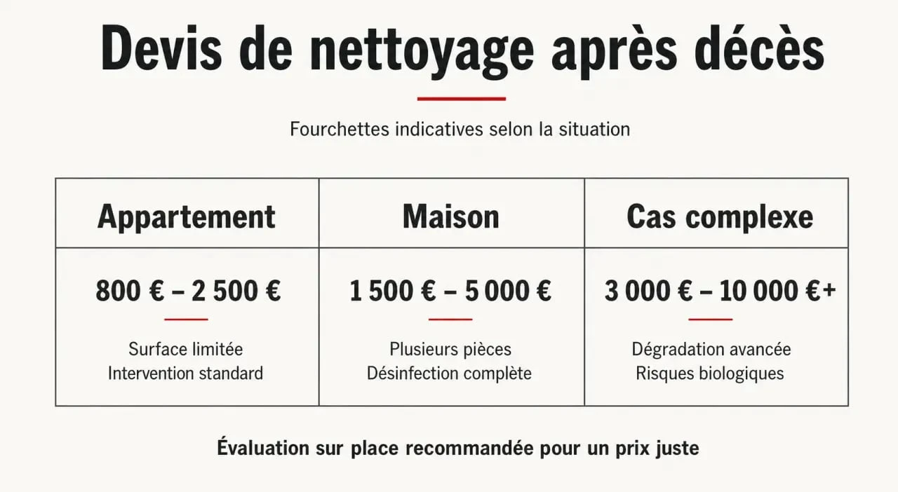 Tableau de budget pour un devis de nettoyage après décès avec fourchettes de prix selon la situation