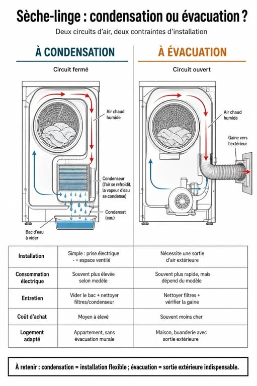 Sèche linge condensation ou évacuation différence : infographie comparative des deux technologies