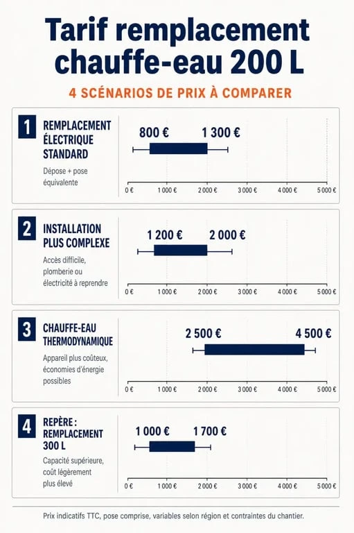 Infographie sur le tarif remplacement chauffe-eau 200l avec fourchettes de prix et facteurs de variation