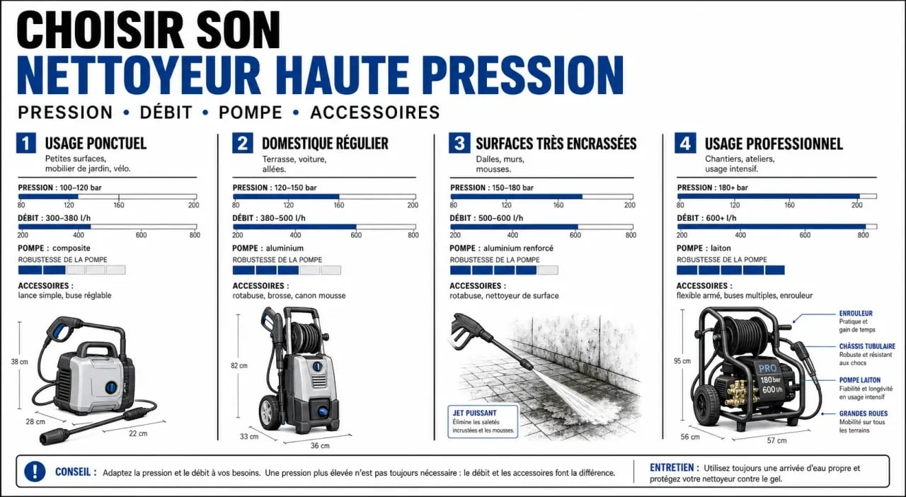 Comparateur nettoyeur haute pression : synthèse visuelle des usages, de la pression, du débit et des accessoires