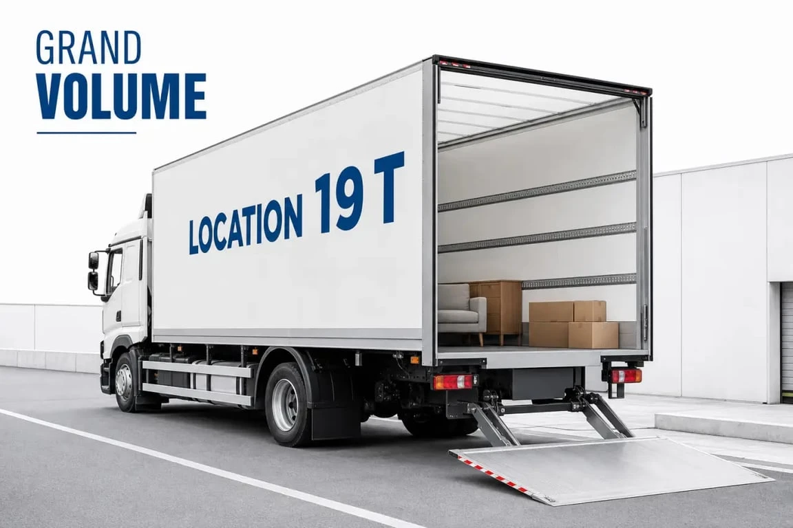 Location 19 tonnes particulier : camion porteur avec hayon et volume de chargement