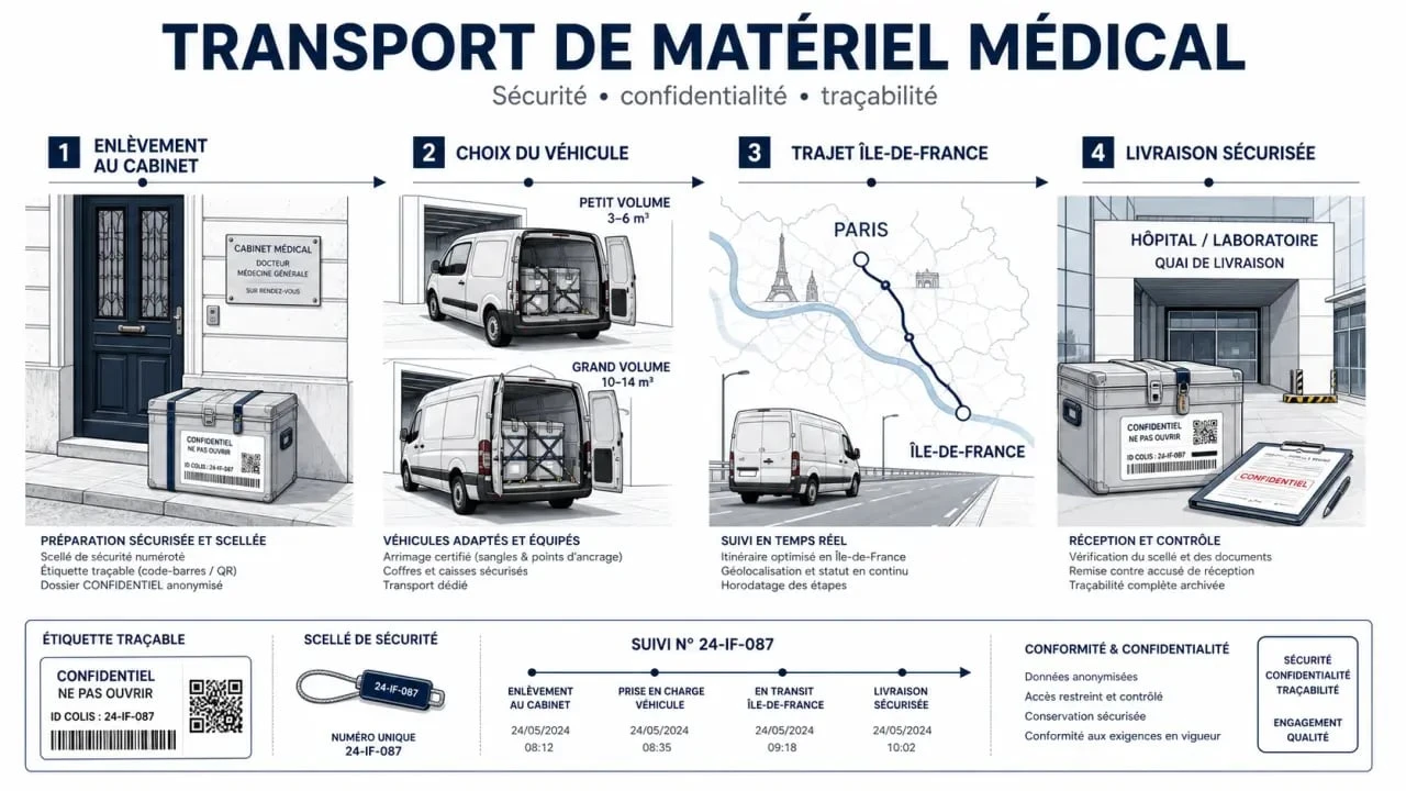 Transport de matériel médical Paris : illustration éditoriale du parcours logistique entre cabinet, véhicule et livraison en hôpital