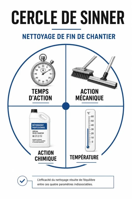 Infographie du Cercle de Sinner expliquant les facteurs techniques influençant le prix nettoyage de fin de chantier