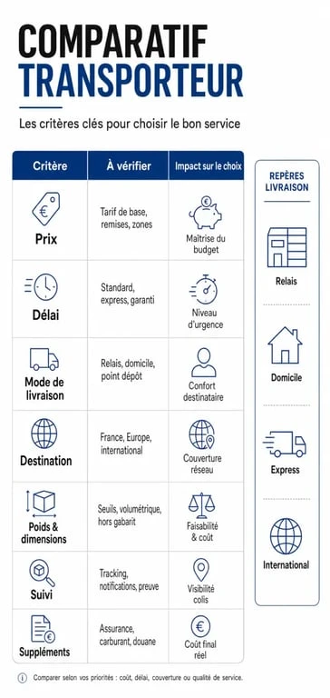Infographie comparative pour un comparatif transporteur avec prix, délai, destination et mode de livraison